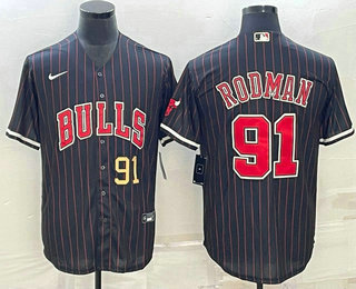 Mens Chicago Bulls #91 Dennis Rodman Number Black With Patch Cool Base Stitched Baseball Jersey